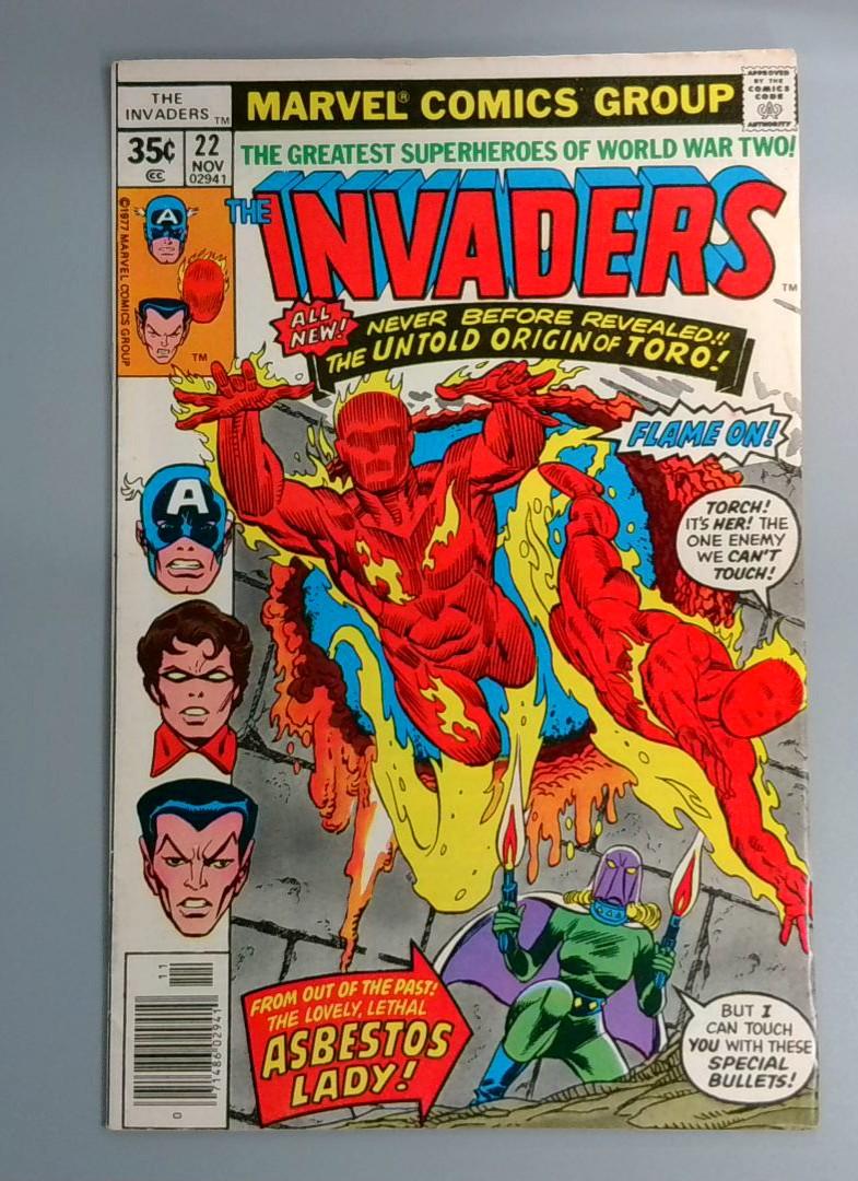 Invaders #22, FN+ Origin of Toro, Marvel Comics Group, 1977 JR1
