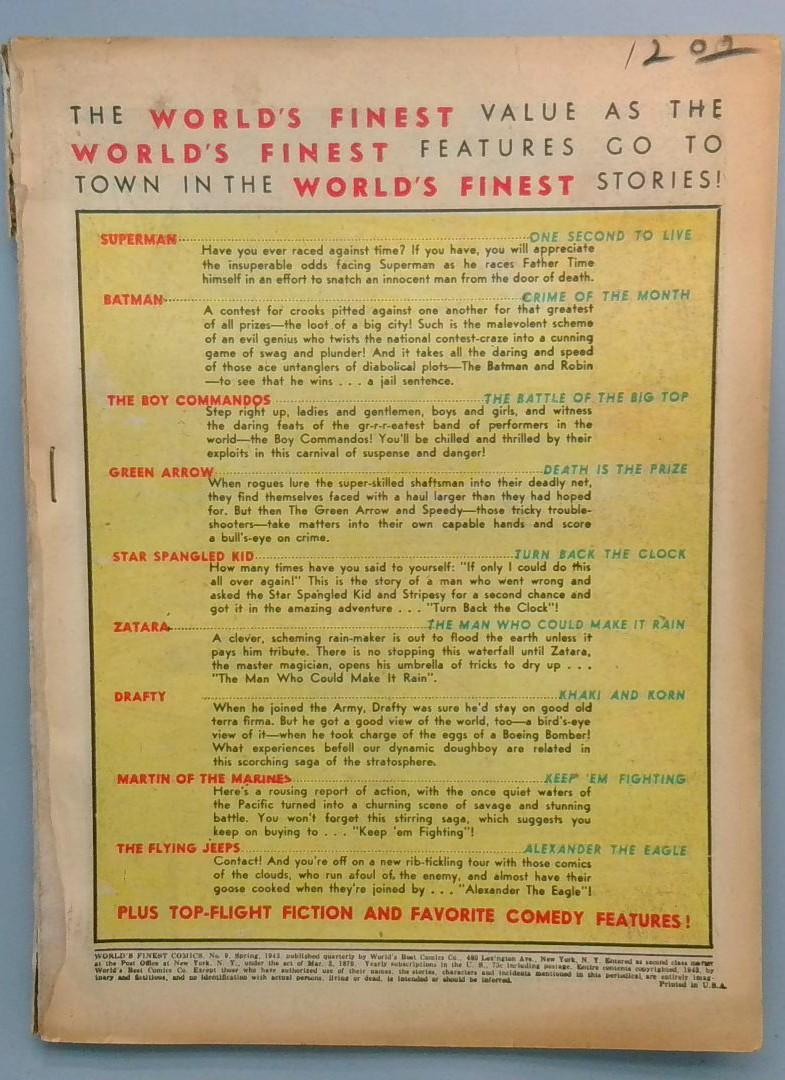 World's Finest #9 Coverless 0.5 Superman Green Arrow DC Comics 1943