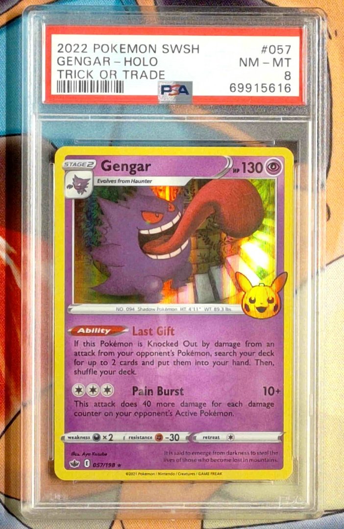 Pokemon Gengar #57 PSA 8 SWSH06: Chilling Reign Pumpkin Pikachu Stamp Slab