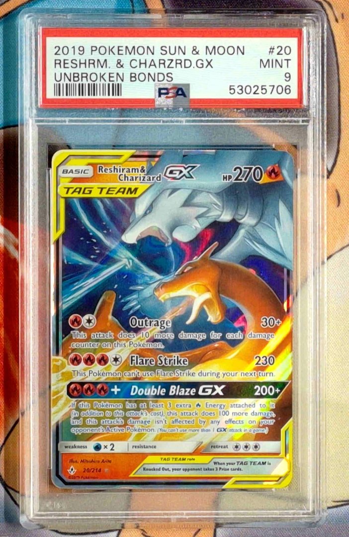 Pokemon Reshiram & Charizard GX #20 PSA 9 SM - Unbroken Bonds Rare Holo Slab
