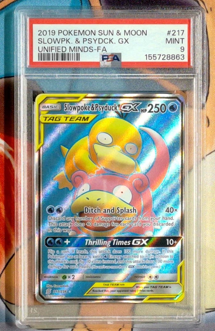 Pokemon Slowpoke & Psyduck GX #217 PSA 9 SM - Unified Minds Holofoil Slab
